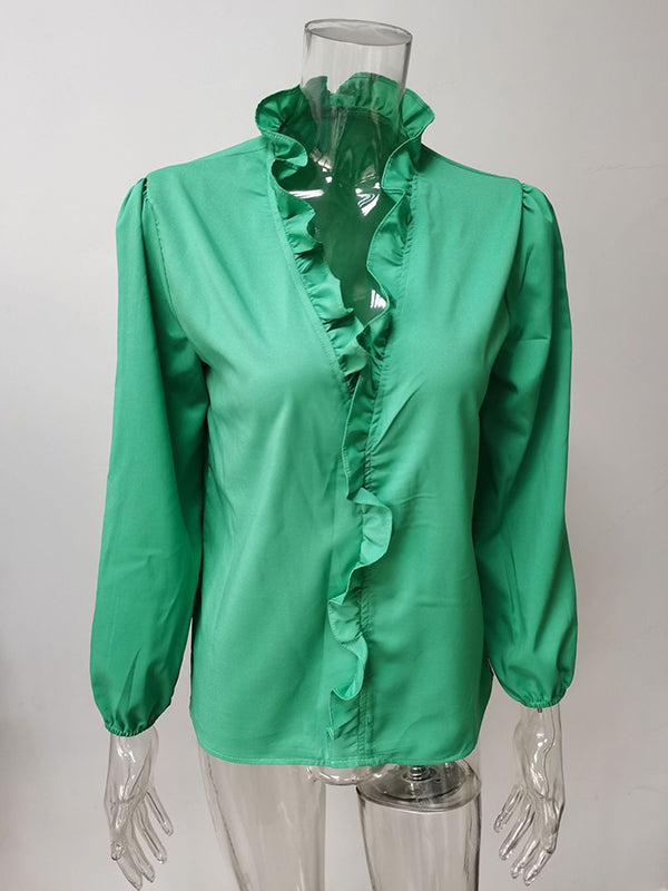 Puff Sleeves Falbala Solid Color V-Neck Blouses