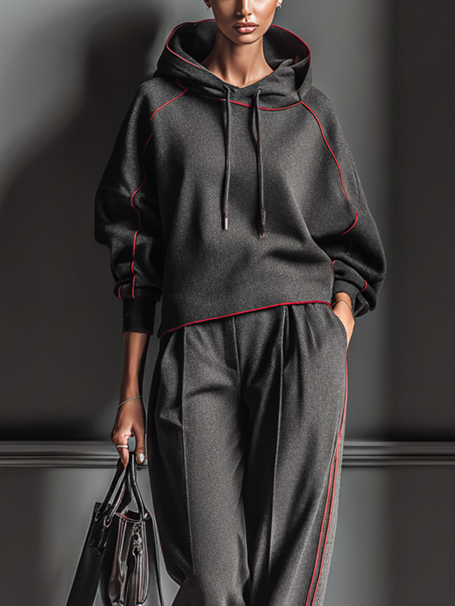 Women's Dark Gray Air Layer Red Contrasting Edge Hooded Sweatshirt And Straight Pants Set