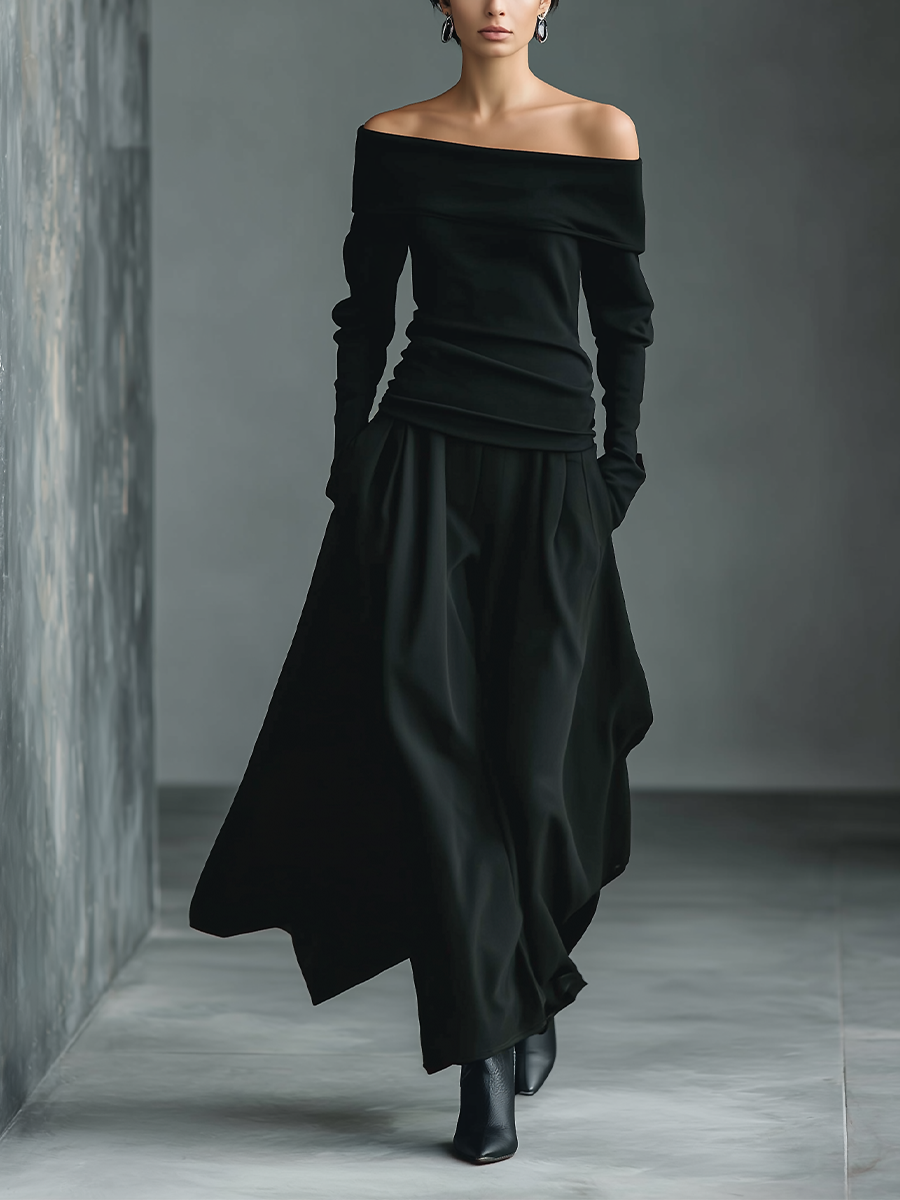 Women's Black Knit Off-Shoulder Fitted Top And Woven Fabric Skirt Set