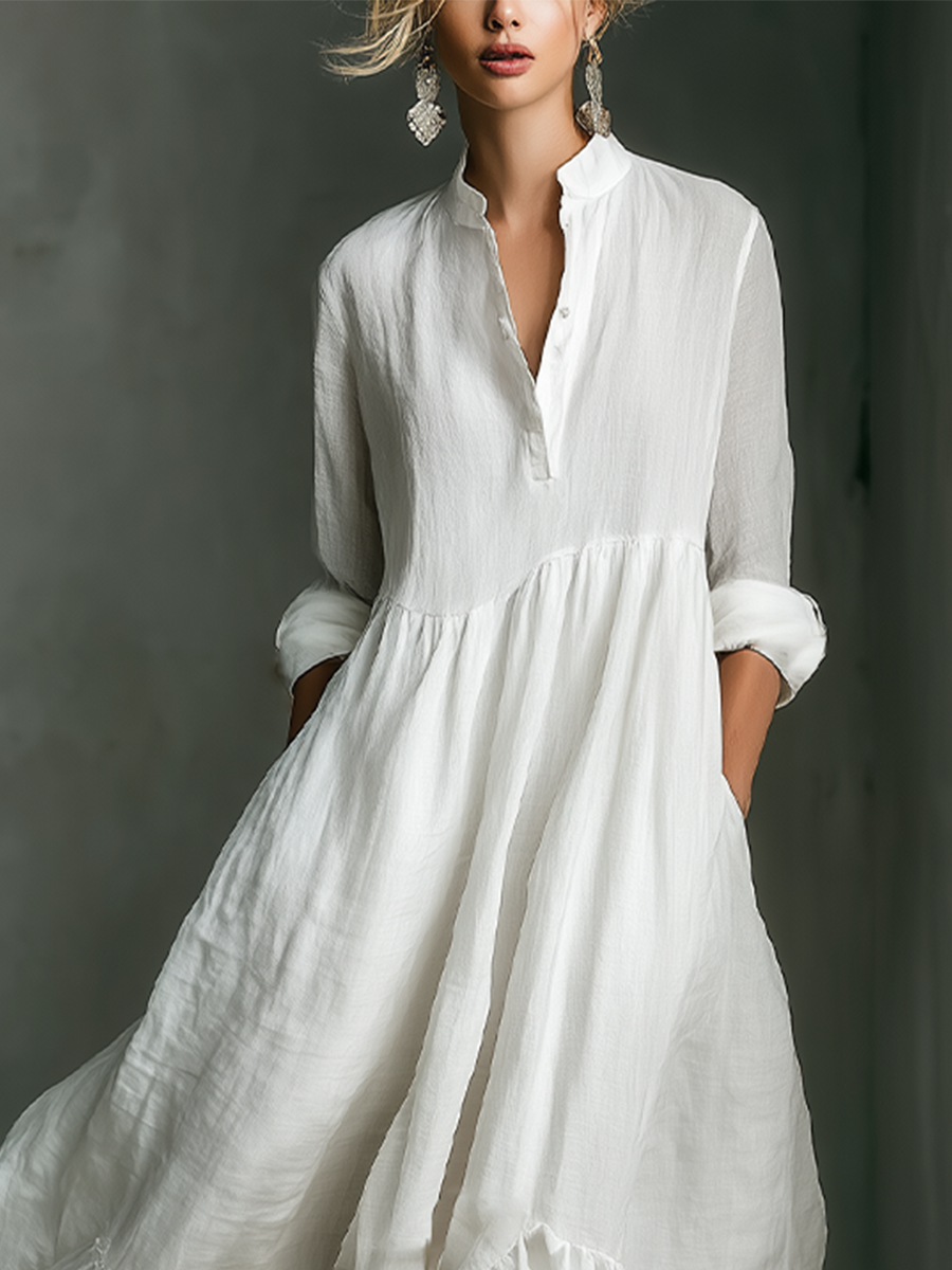 Women's White Long-sleeved Ruffled Maxi Dress
