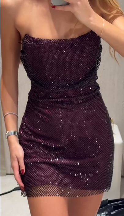 Sexy Bandeau Slim-Fit Shiny Solid Color Hot Girl Mini Dress