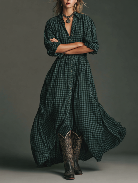 Women's Plaid Long Sleeve Shirt Maxi Dress