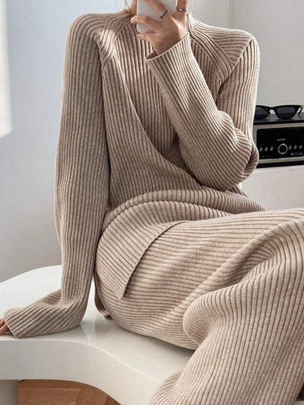 Urban Loose Solid Round-Neck Split-Side Sweater& Wide Leg Pants Suits