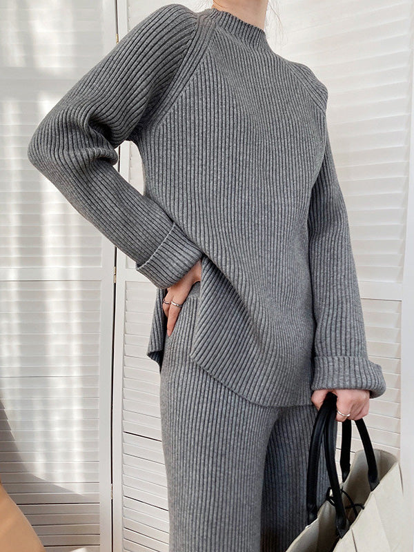 Urban Loose Solid Round-Neck Split-Side Sweater& Wide Leg Pants Suits