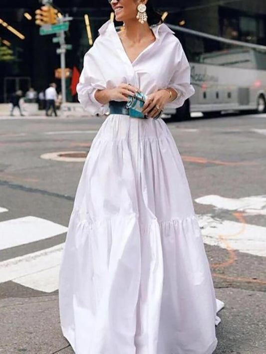 Long Sleeves Loose Belted Pleated Solid Color Lapel Maxi Dresses