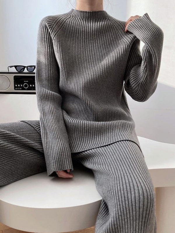 Urban Loose Solid Round-Neck Split-Side Sweater& Wide Leg Pants Suits