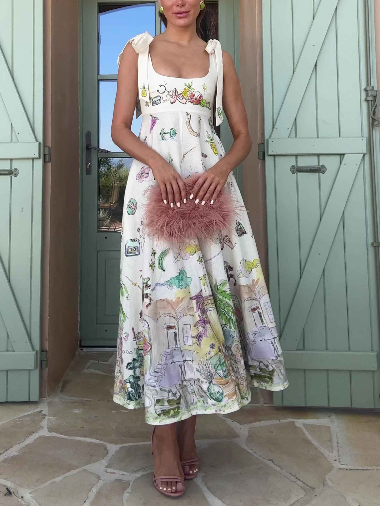 Exquisite Fantasy Floral Print Lace-up Maxi Dress