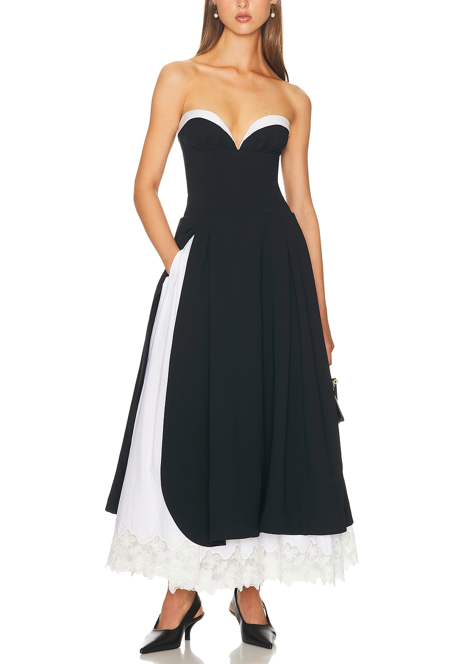 Sexy V-neck Tube Top Cinched Waist Stitching Contrasting-Color Midi Dress