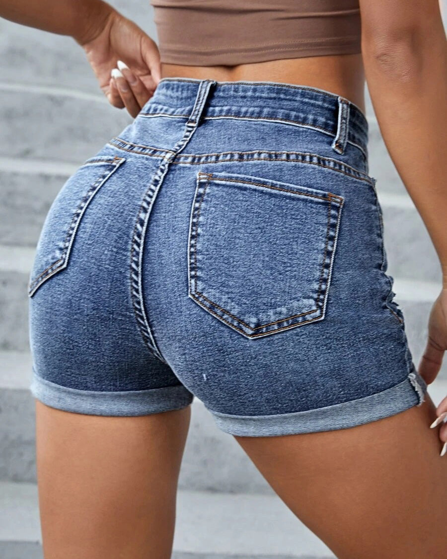 HIGH RISE DISTRESS DENIM SHORTS