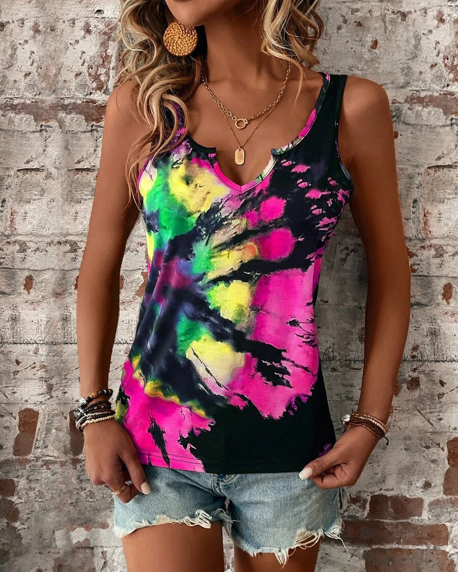 COLOR PRINT V NECK TOP