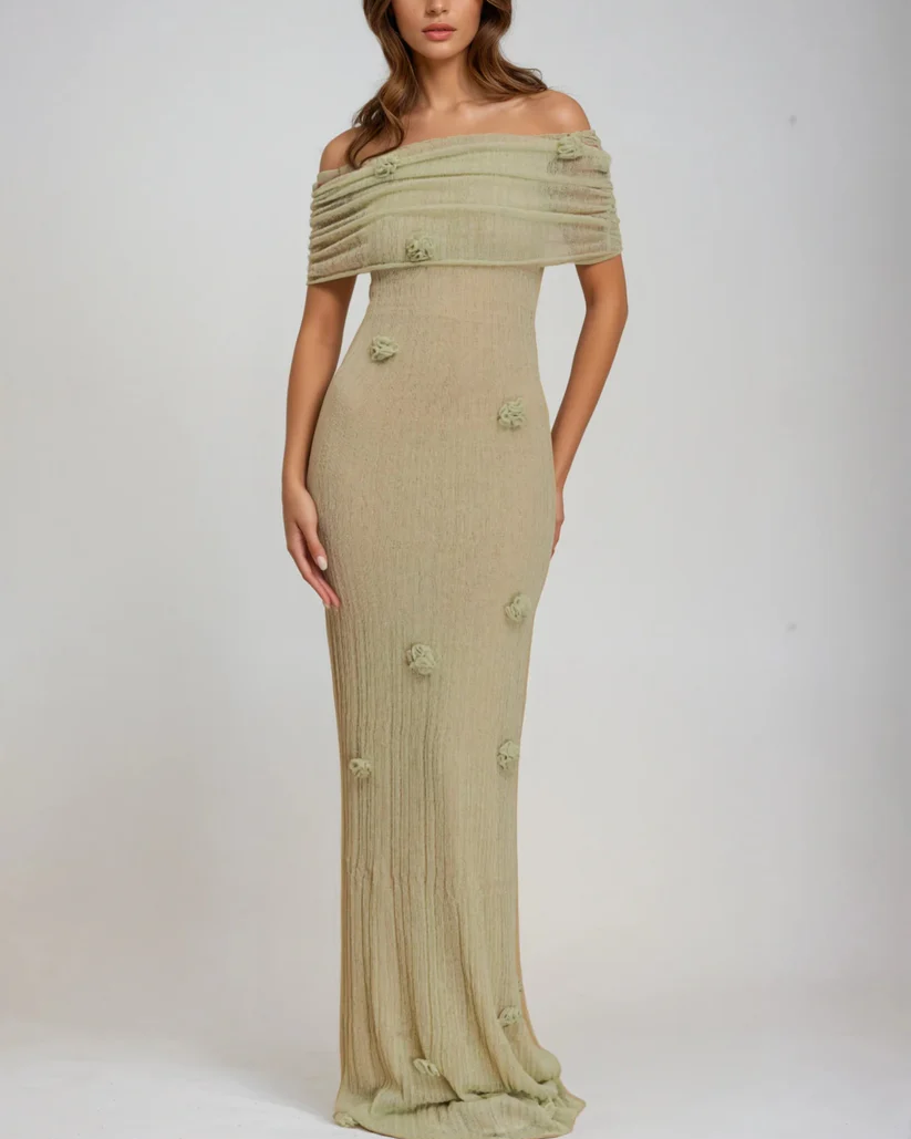 Sexy off-the-Shoulder Flowers Hip Knitwear Hollow Dress