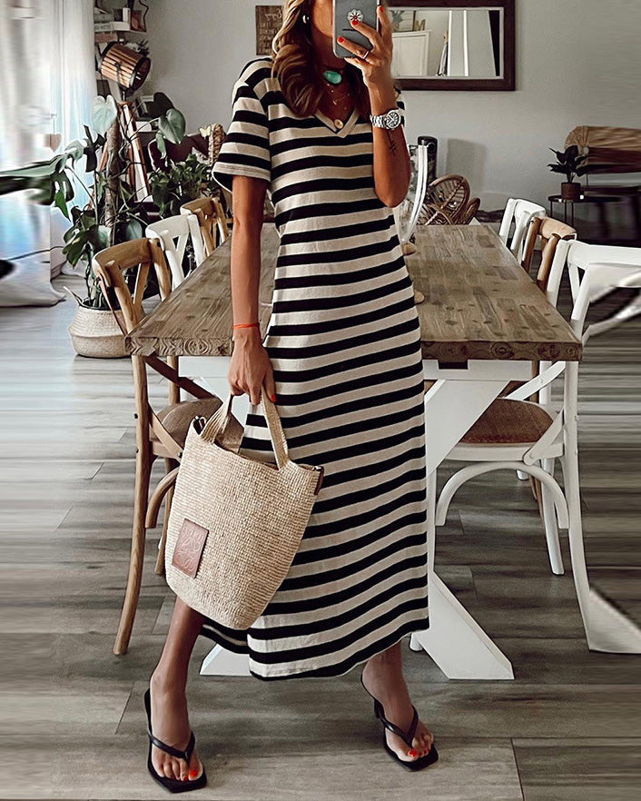 VENT STRIPE PRINT LONG DRESS