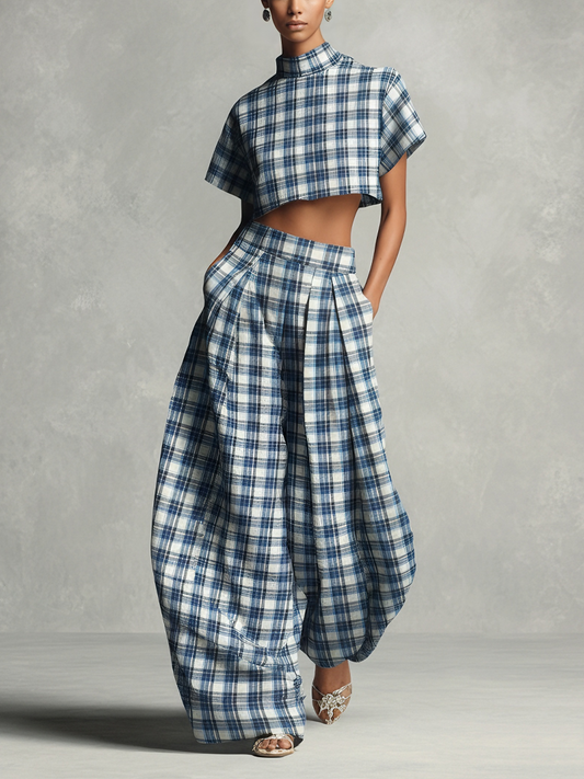 Women's Bold Cotton Blue & White Plaid Turtleneck Cropped Top & Lantern Wide-Leg Pants Set