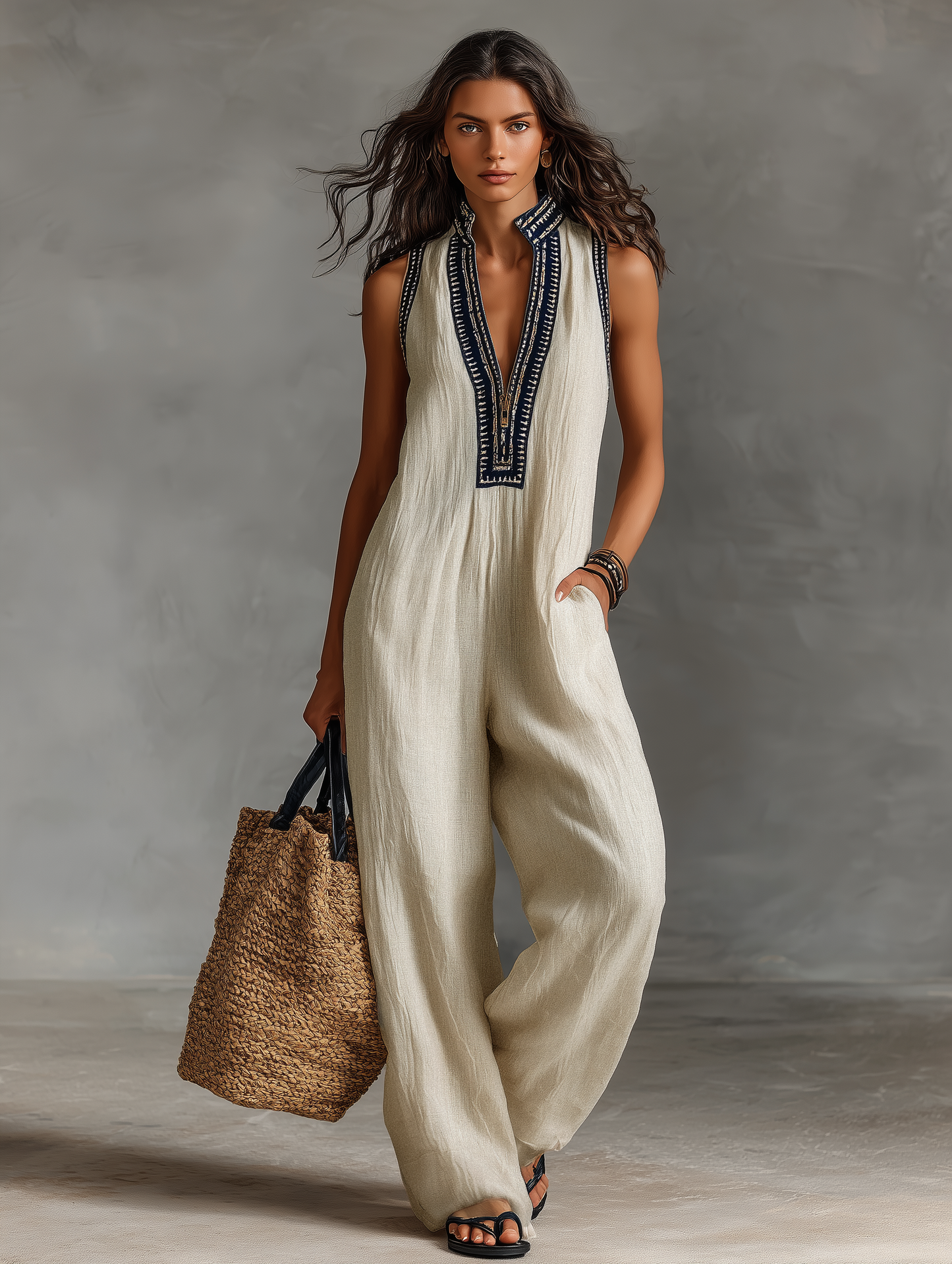 Women's Minimalist Linen Blend Sleeveless Jumpsuit With Zipper And Stand Collar, Featuring Embroidery