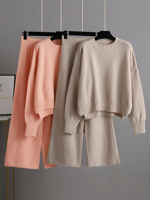 Urban Loose Long Sleeves Solid Color Round-Neck High-Low Sweater Tops & Wide Leg Pants Suits