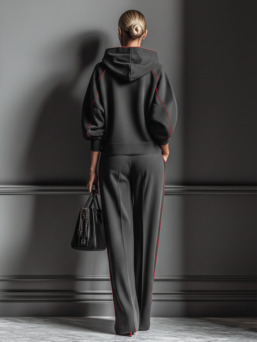 Women's Dark Gray Air Layer Red Contrasting Edge Hooded Sweatshirt And Straight Pants Set
