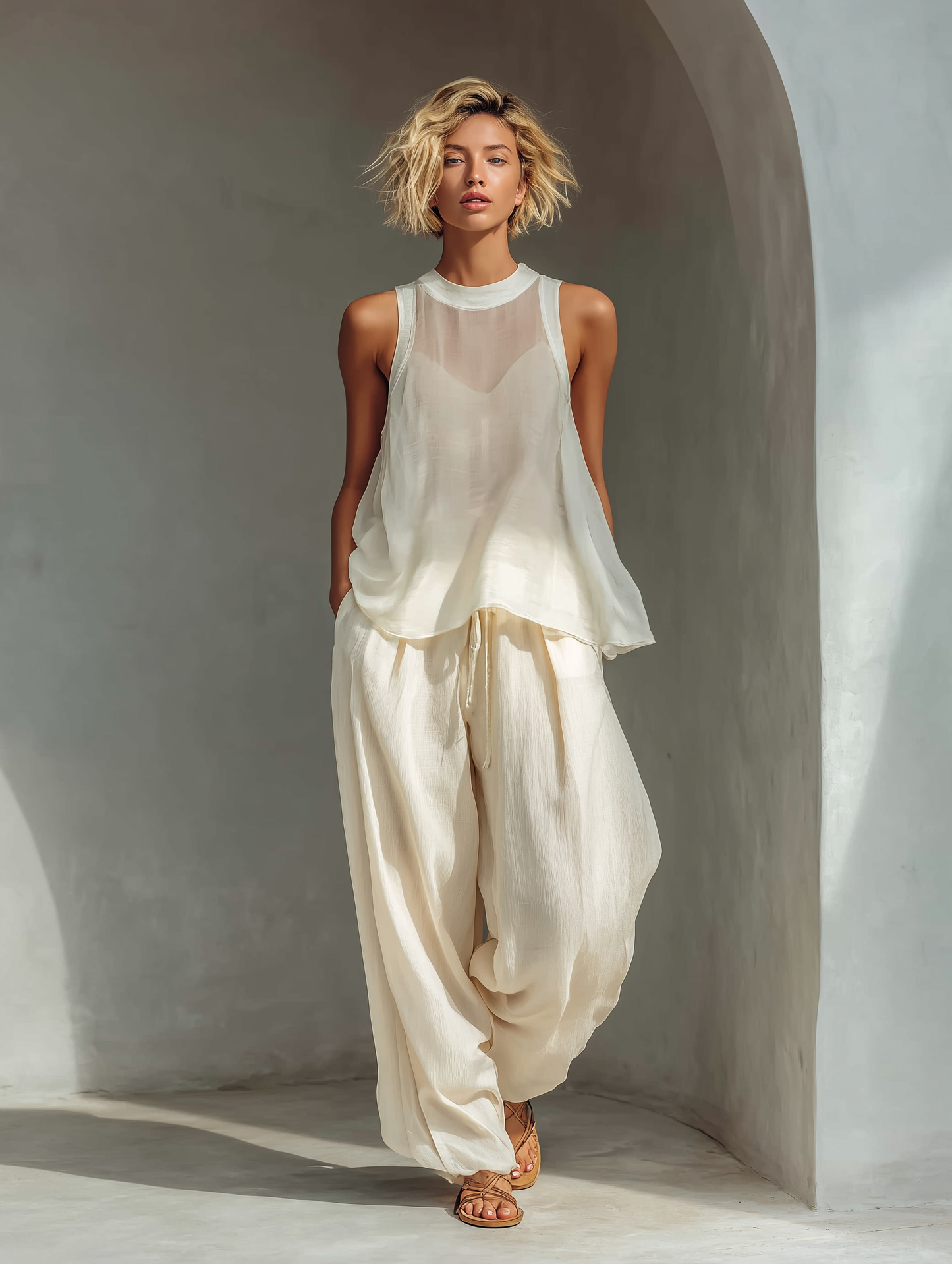 Women's Cream Two-Piece Set With Semi-sheer Chiffon Sleeveless Top & Cotton And Linen Blend Drawstring Wide-Leg Trousers