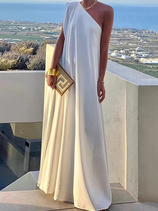 Loose Asymmetric Solid Color Split-Joint One-Shoulder Maxi Dresses