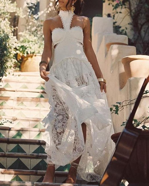 Sexy Halter Lace Irregular Party Maxi Dress
