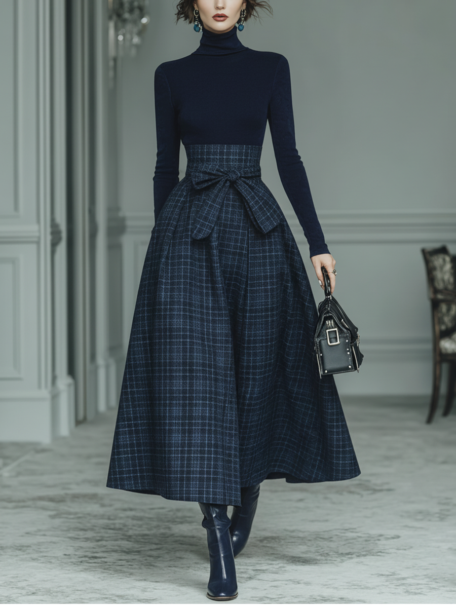 Women's Dark Blue High Elastic Knit And Plaid Wool Skirt Set