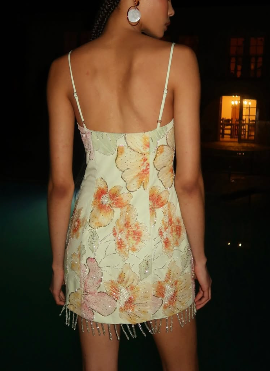 Sexy Spaghetti-Strap Floral Print Sequins Holiday Mini Dress