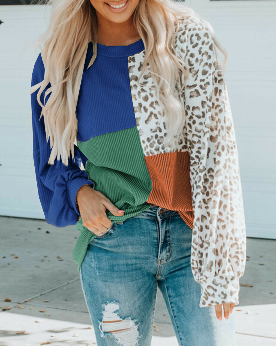 COLOR BLOCK LEOPARD PRINT SWEATER TOP