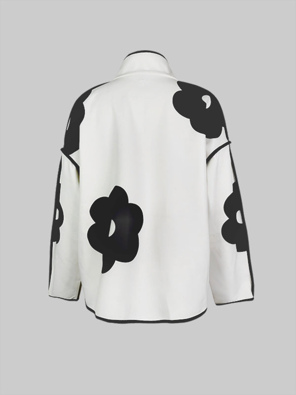 Long Sleeves Loose Contrast Color Flower Print Split-Joint Stand Collar Jackets Outerwear