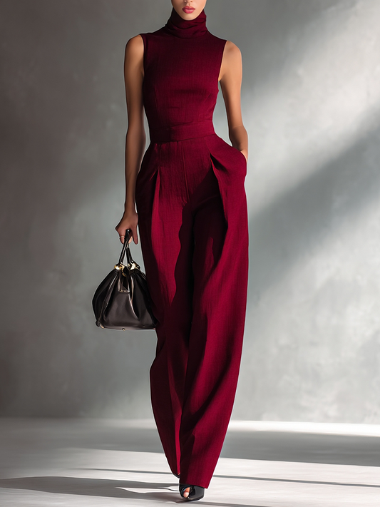 Women's Sleek Cotton-Linen Blend Burgundy Sleeveless Turtleneck Wide-Leg Jumpsuit