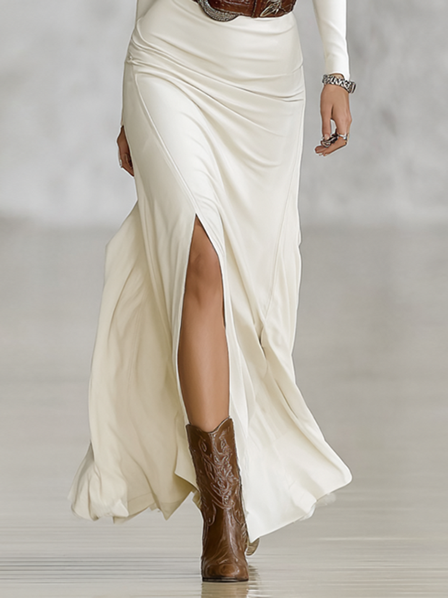 Women's Lapel Long Sleeve Waist-tightening Maxi Dress (without