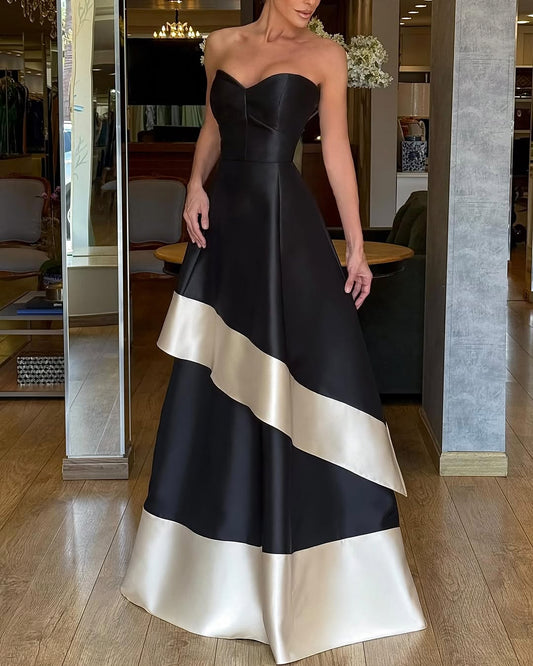 Sexy Sleeveless Tube Top Tight Waist Contrast Color Large Swing Maxi Dress