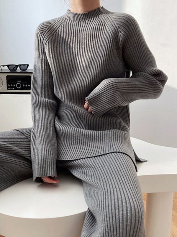 Urban Loose Solid Round-Neck Split-Side Sweater& Wide Leg Pants Suits