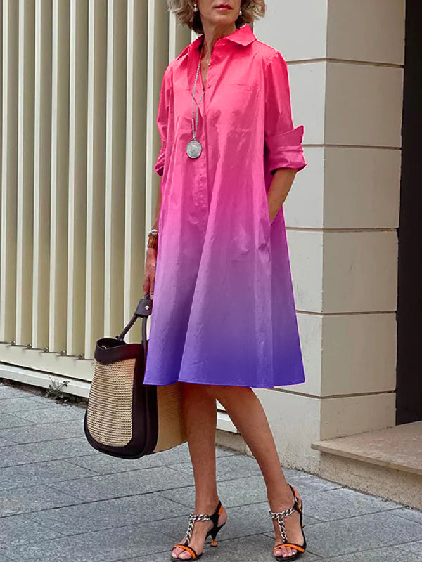 Long Sleeves Gradient Lapel Midi Dresses