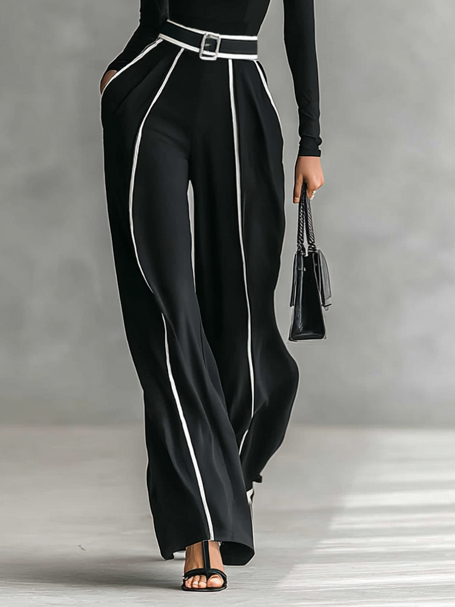 Women's White Trimmed Turtleneck Long Sleeve Top Wide Leg Pants Belt Two-Piece Set