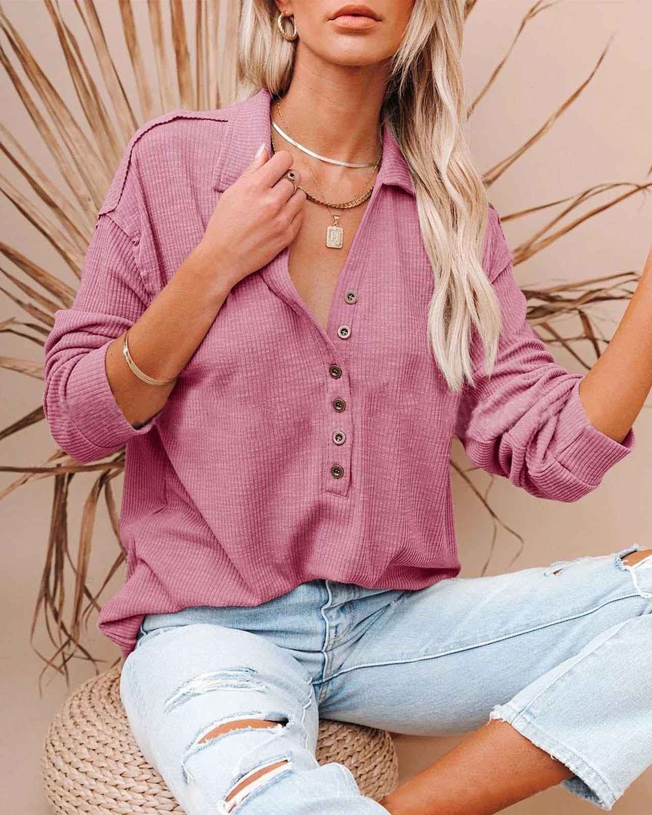 BUTTON DOWN LONG SLEEVE TOP(9 COLORS)