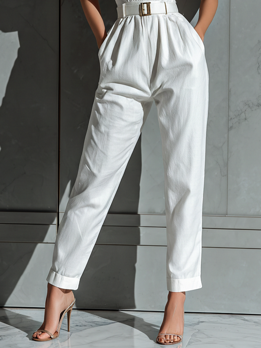 Women's Ivory Cotton And Linen Blend Wide-Leg Jumpsuit With Cinched Waist