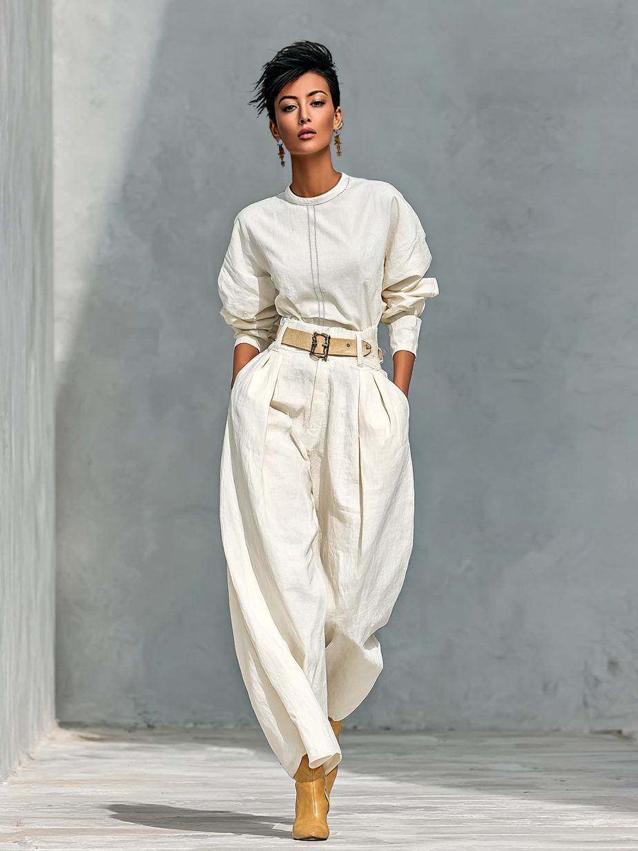 Women's Fashion Cotton And Linen Blend Crew Neck Long Sleeve Shirt Loose Trousers Set (belt Not