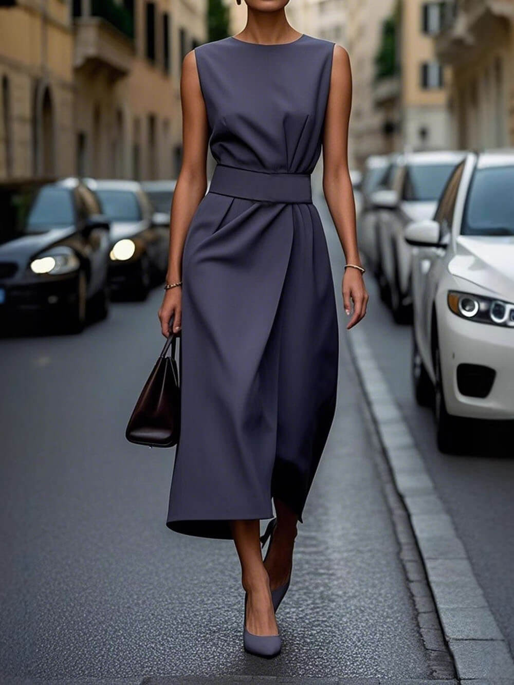 Elegant Pleats Solid Color Sleeveless Round Neck Casual Midi Dress