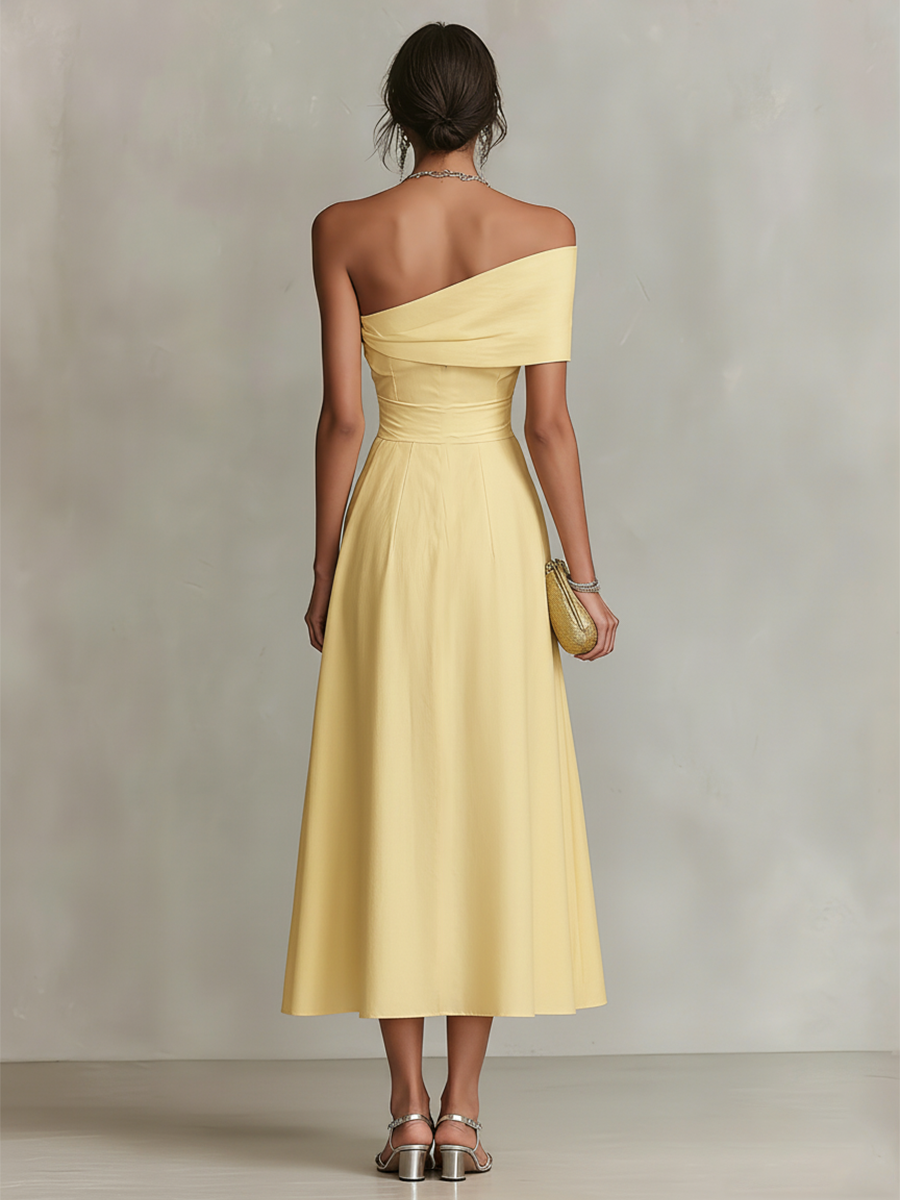 Women's Yellow Linen Dress With One-Shoulder Neckline & Fitted Waist, Timeless Elegant-Chic Style Dress