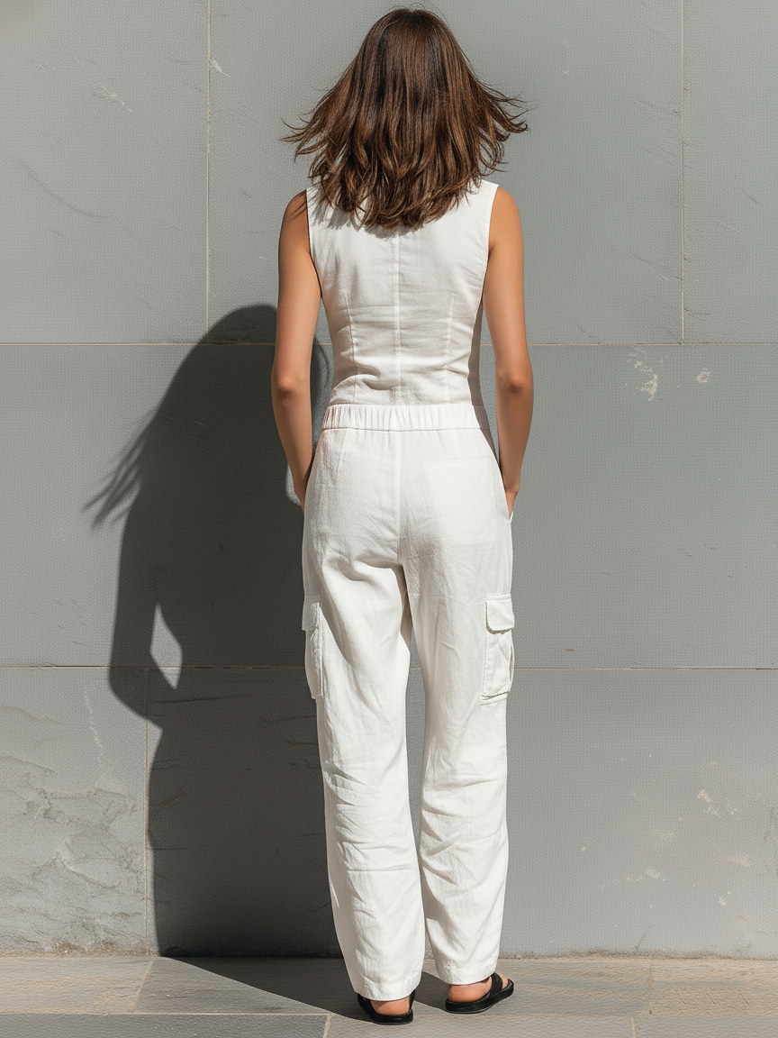 Women's Minimalist Cotton Blend Single-breasted Sleeveless Jumpsuit