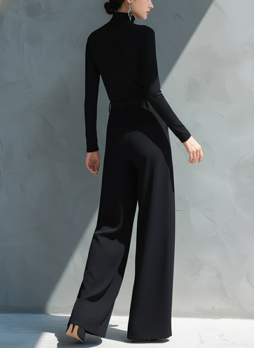 Women's Black Classic Knit Turtleneck Wide - Leg Jumpsuit