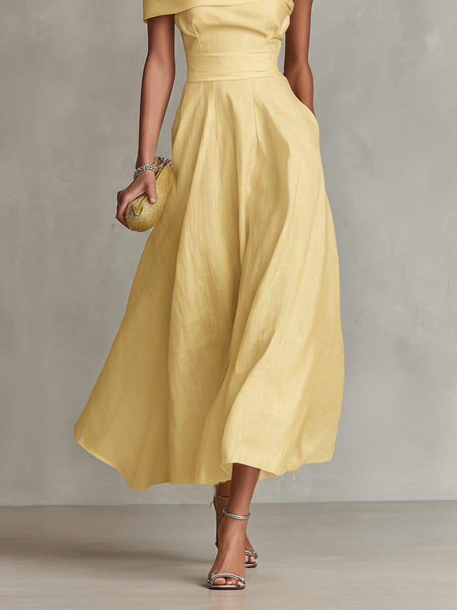 Women's Yellow Linen Dress With One-Shoulder Neckline & Fitted Waist, Timeless Elegant-Chic Style Dress