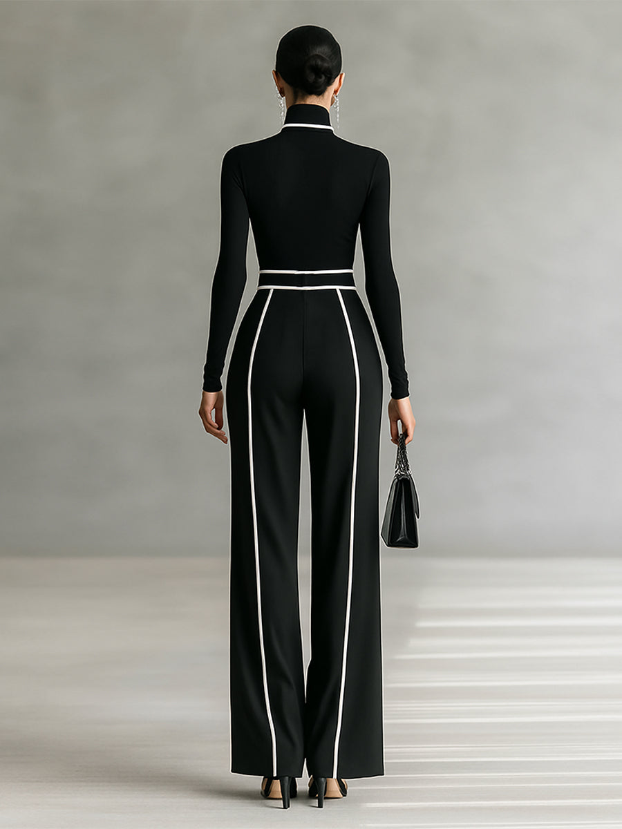 Women's White Trimmed Turtleneck Long Sleeve Top Wide Leg Pants Belt Two-Piece Set