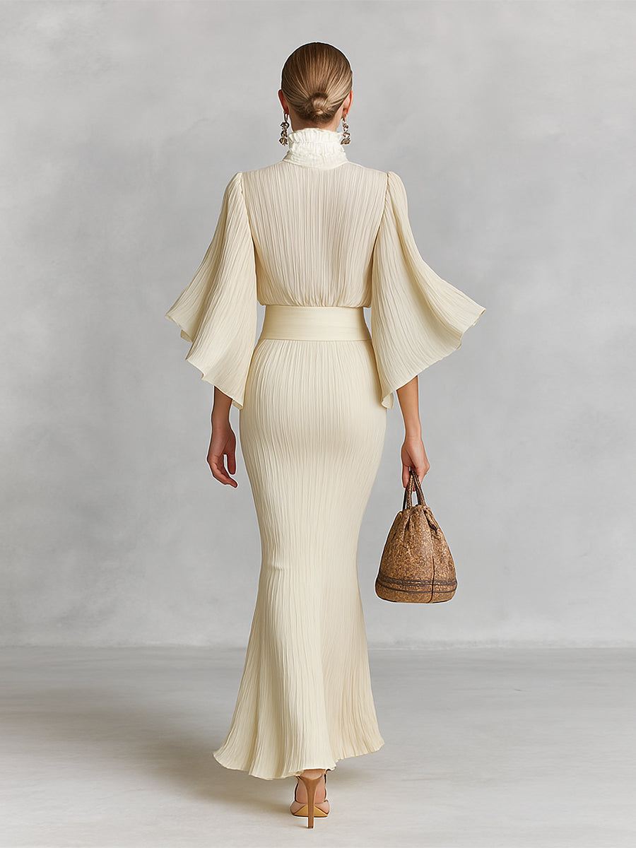 Women's Pleated Chiffon Stand Collar Trumpet Sleeve Shirt Slit Floor Length Skirt Two-piece Set