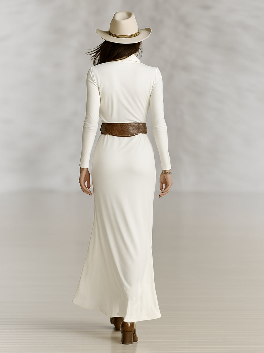 Women's Lapel Long Sleeve Waist-tightening Maxi Dress (without