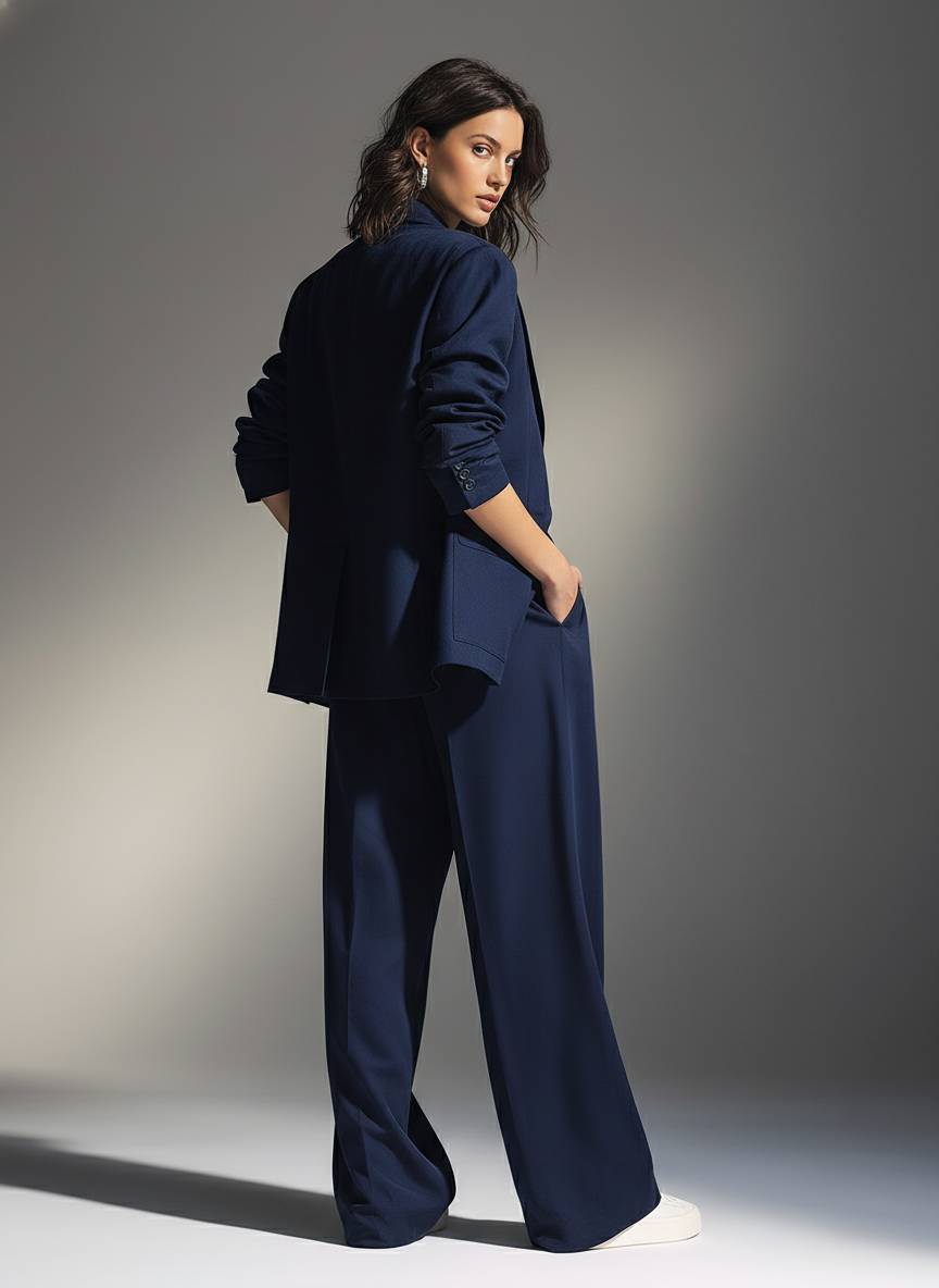 Women's Navy Structured Woven Set With Oversized Blazer & Wide-Leg Pants, Timeless Chic-Effortless Style Set