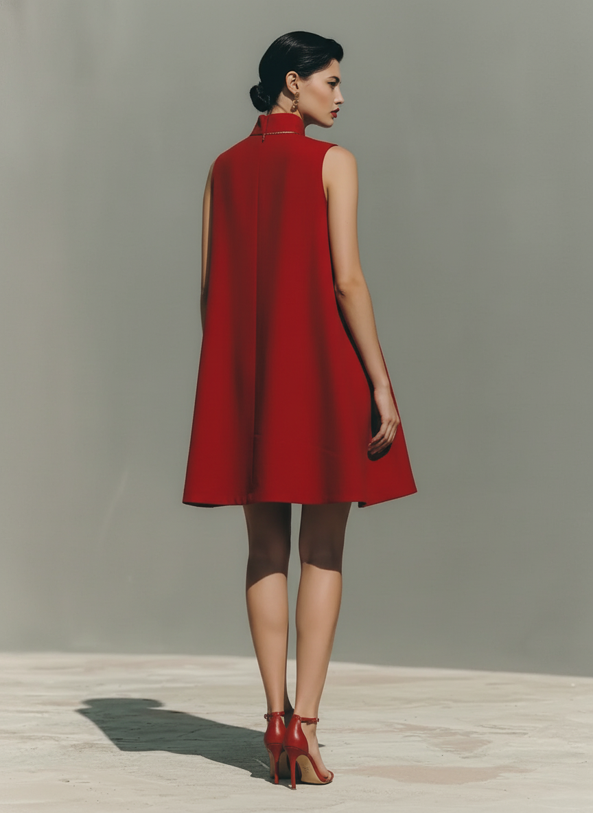 Women's Red Lightweight Linen Dress With Keyhole Neck & Flared Hem, Contemporary Effortless-Casual Style Dress