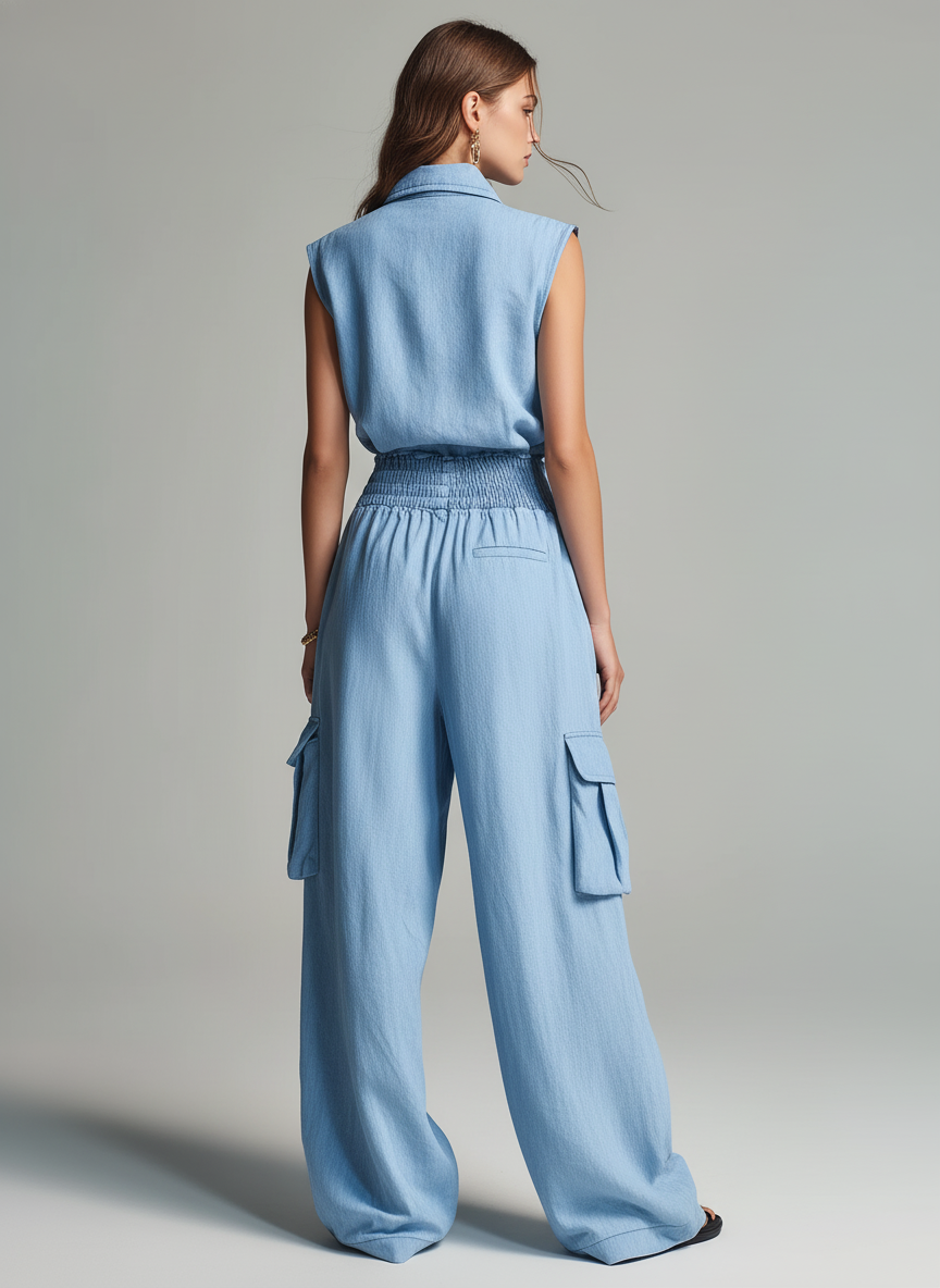 Women's Casual Light Blue Cotton-Linen Sleeveless Top And Trousers Set