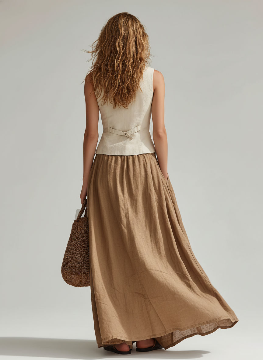 Women's Casual Beige Linen Sleeveless Vest And Brown Linen Maxi Skirt Set