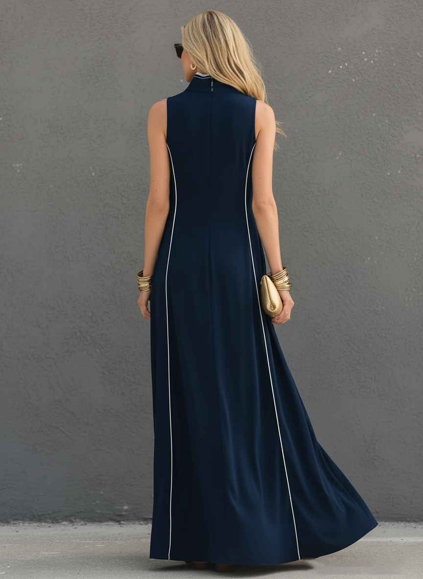 Women's Casual-Sporty Style Dark Blue Stretch-Knit Sleeveless Maxi Dress With Stand Collar