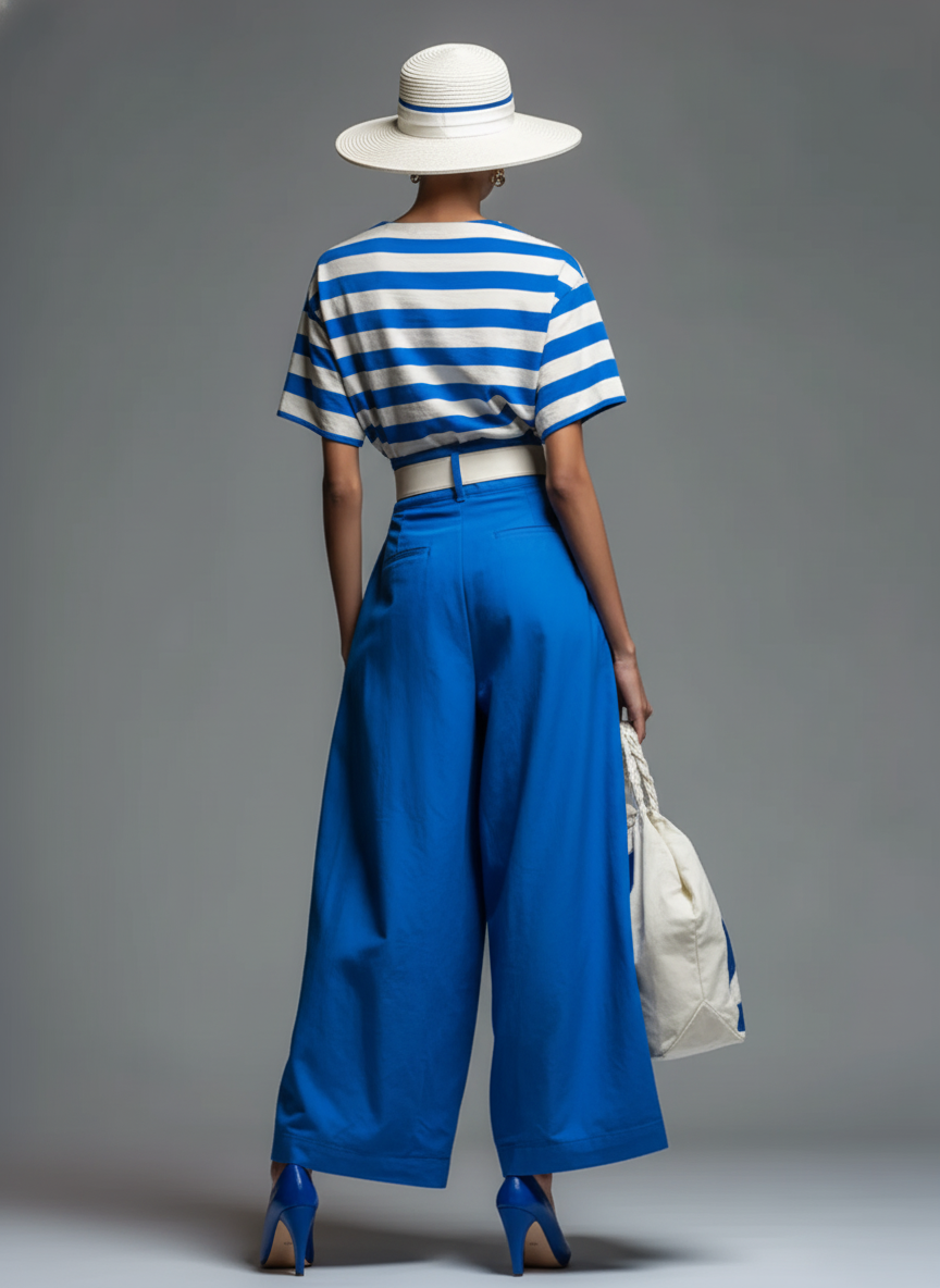 Women's Casual Blue And White Striped Cotton-Blend T-Shirt And Blue Wide-Leg Pants Set (Belt Not Included)